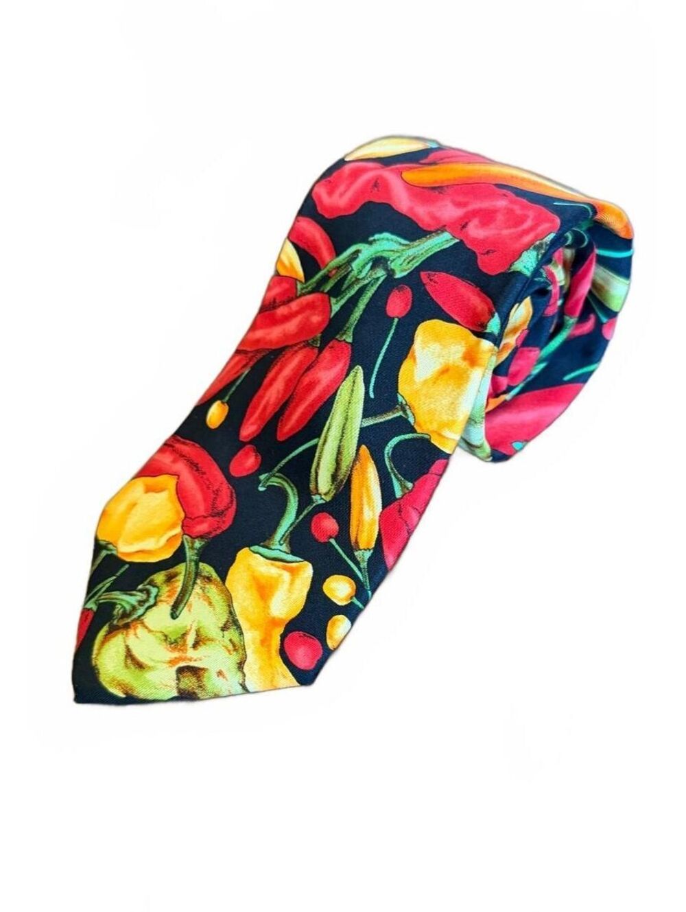 Vintage Lands’ End Chili Pepper Silk Tie Red Hot Spicy Novelty Print Necktie Fun